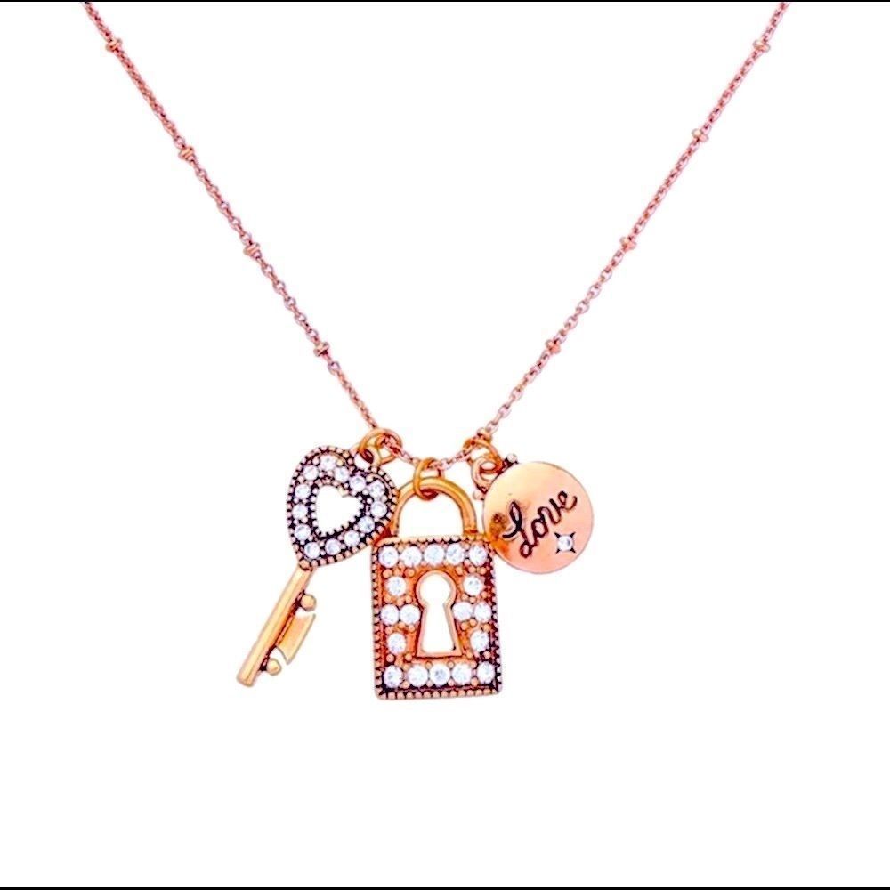 NEW! ANTIQUE GOLD COLOR KEY & CHARM NECKLACE